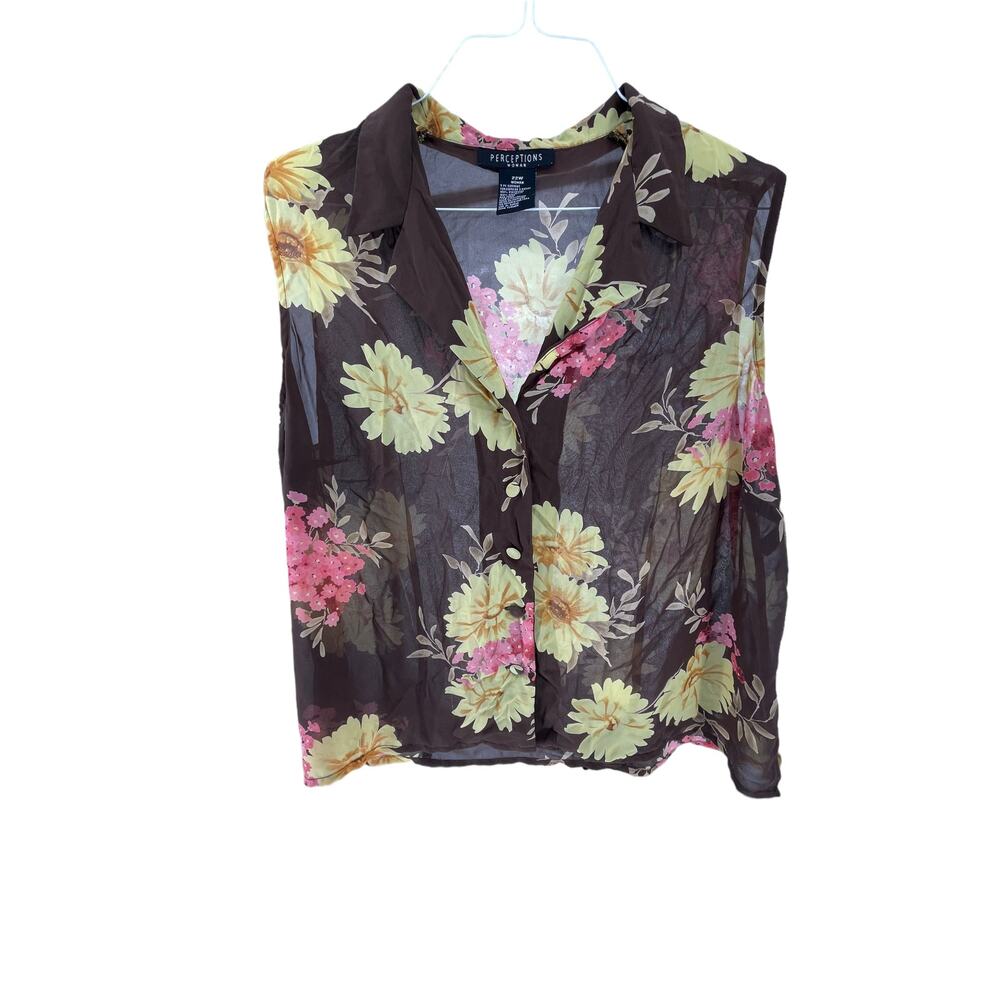 Perceptions Woman Brown Floral Sleeveless Button Down Shirt Women's Size 22W